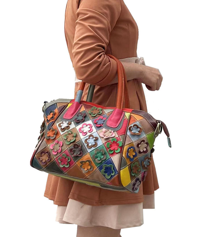 Handmade Colorblock Floral Patchwork Calf Leather Tote BAG